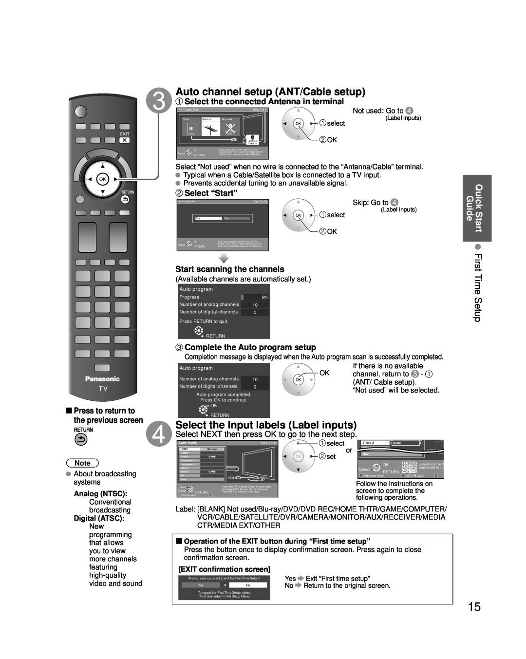 Panasonic TC-P54G25 Select the connected Antenna in terminal, Select “Start”, Start scanning the channels, Not used Go to 