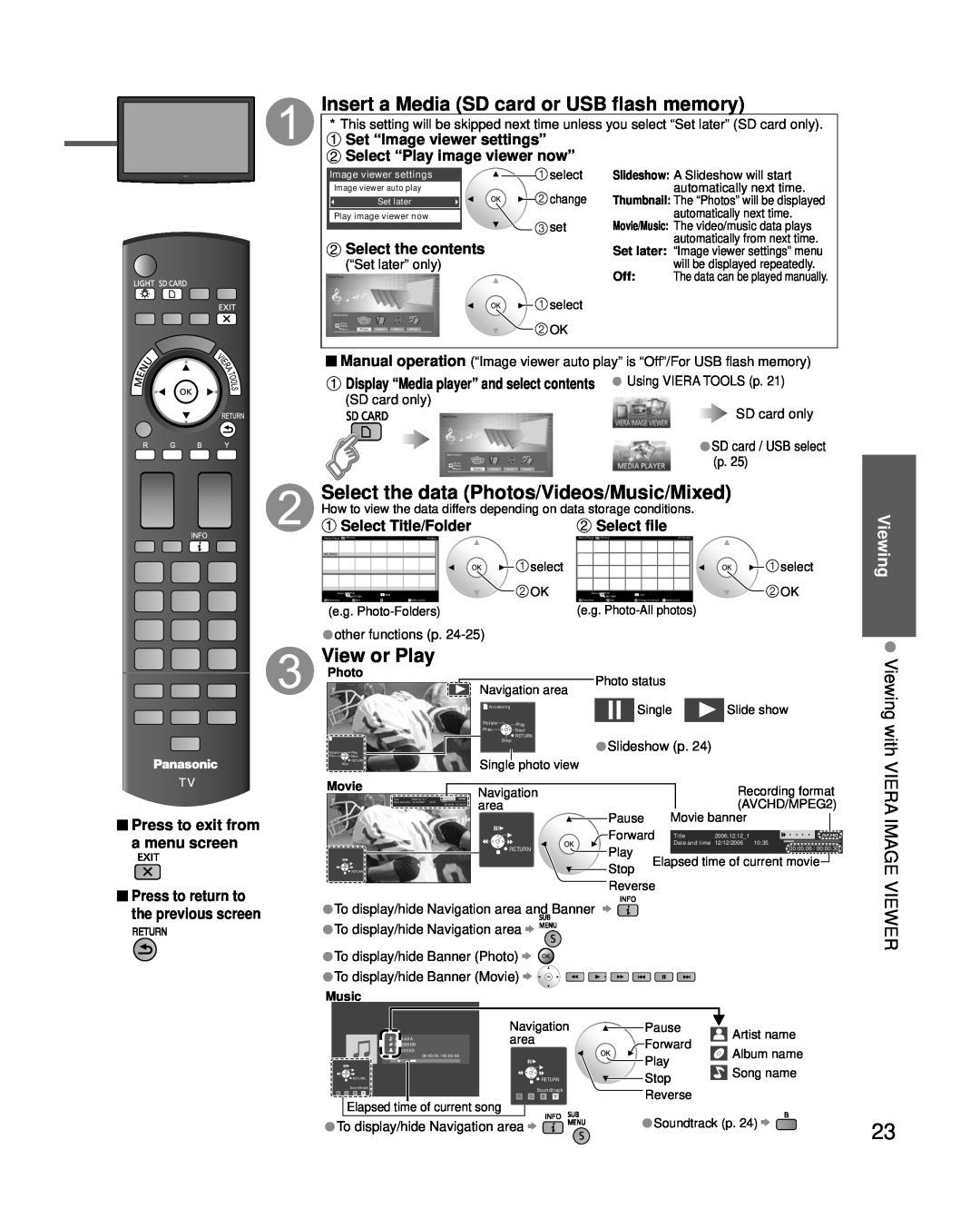 Panasonic TC-P54G25 View or Play, Viewing with VIERA IMAGE, Viewer, Select the contents, Press to exit from a menu screen 