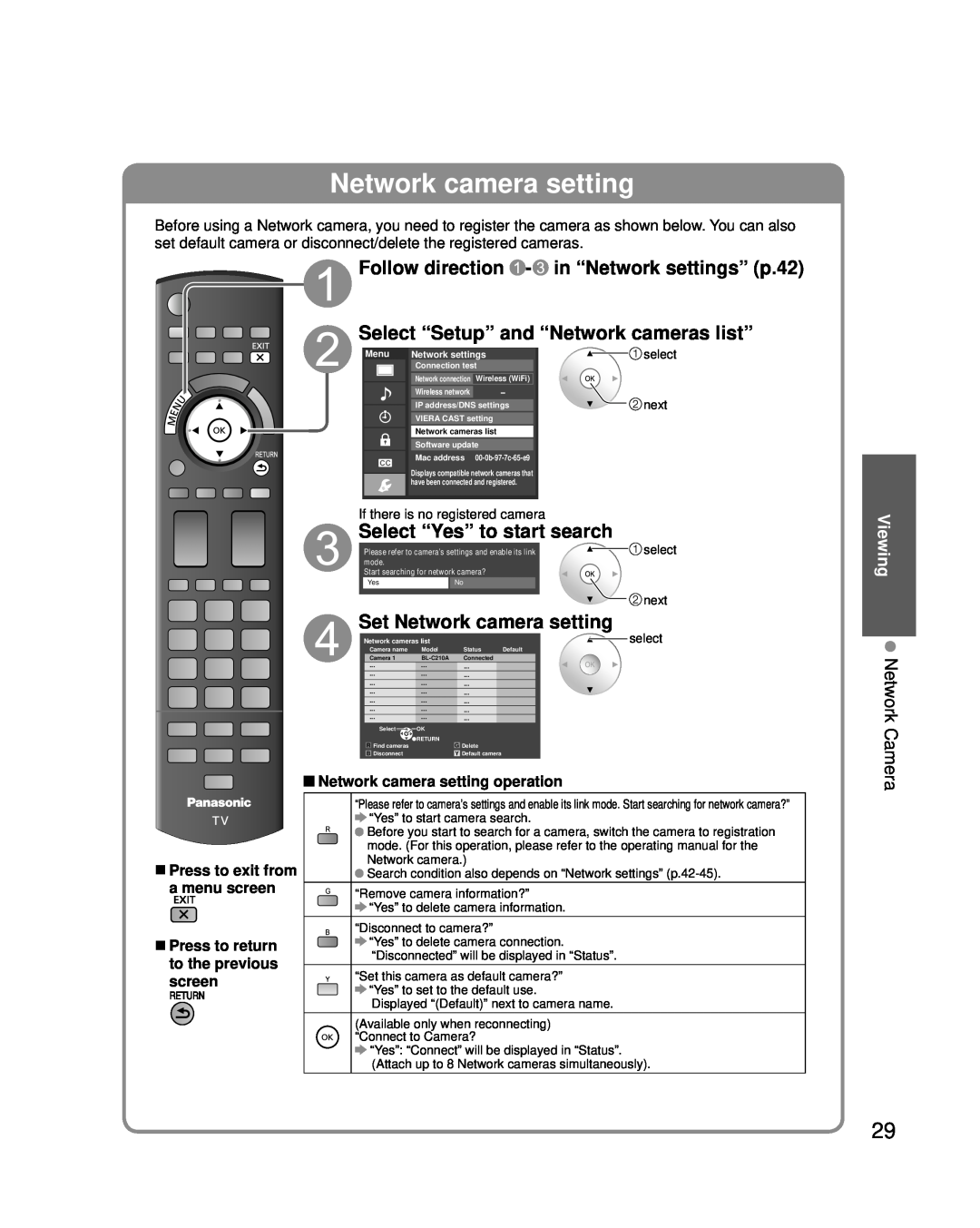 Panasonic TC-P46G25 Network Camera, Viewing, Network camera setting operation, Wireless WiFi, Wireless network, Model 