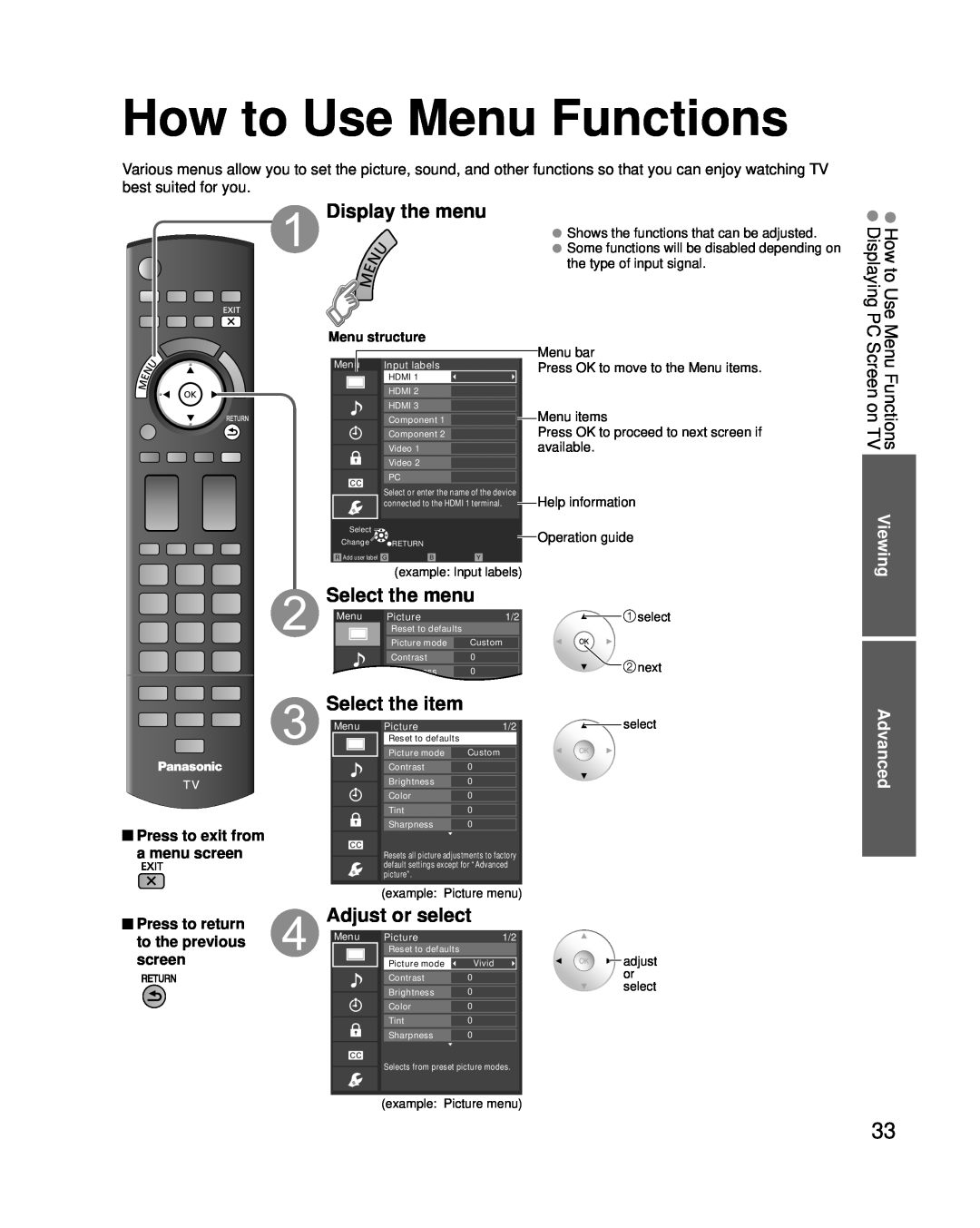 Panasonic TC-P46G25 How to Use Menu Functions, Select the menu, Select the item, Adjust or select, Advanced, a menu screen 