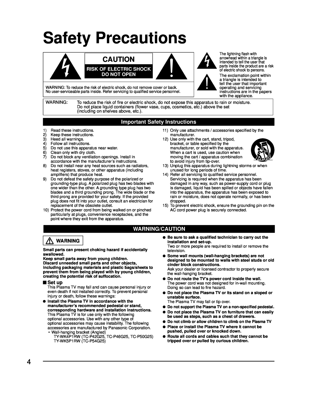 Panasonic TC-P42G25 Safety Precautions, Important Safety Instructions, Warning/Caution, Risk Of Electric Shock Do Not Open 