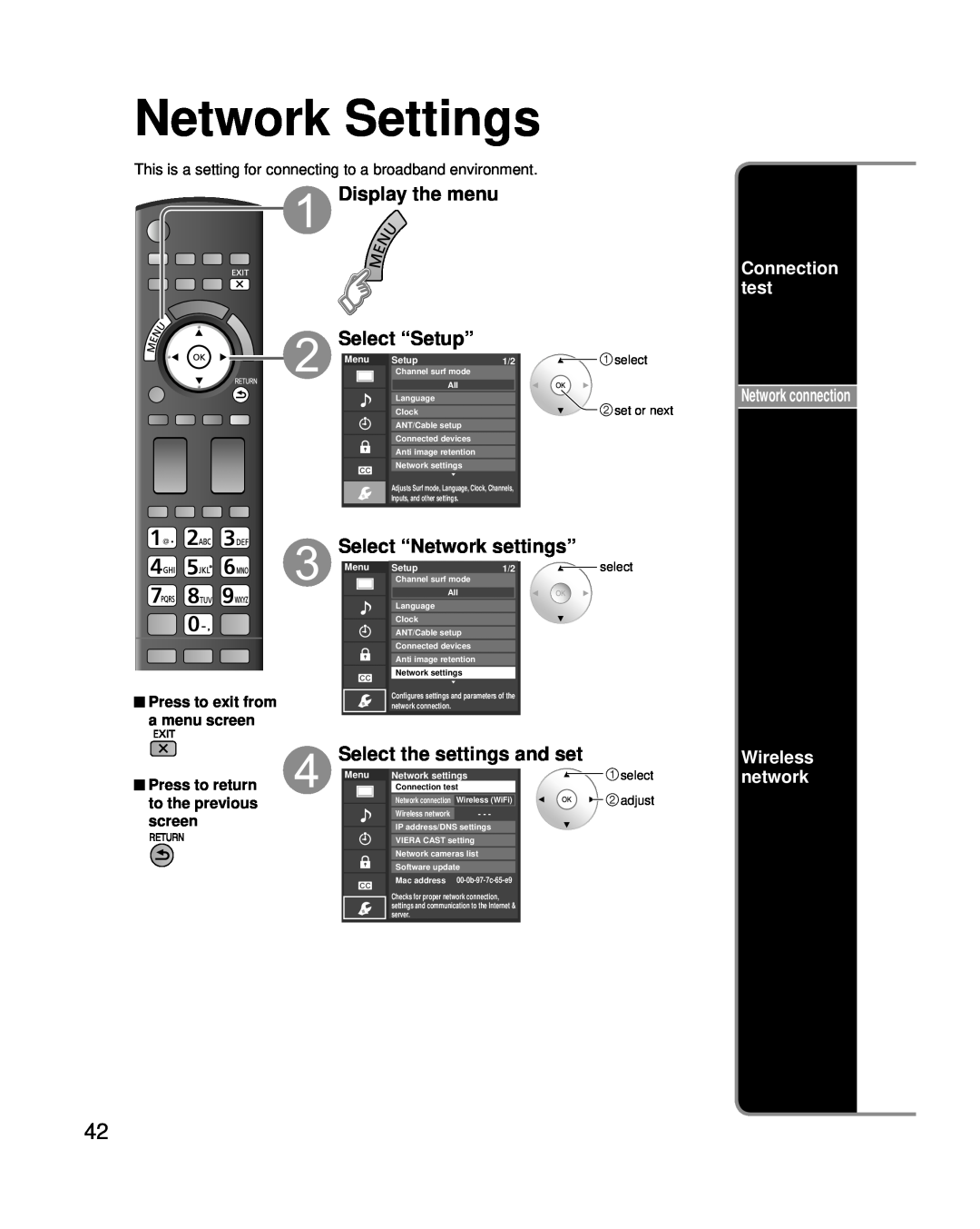Panasonic TC-P50G25, TC-P42G25 Network Settings, Connection test, Wireless, network, Network connection, Network settings 