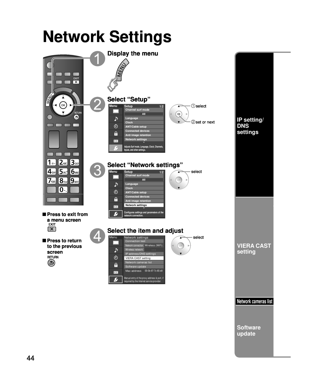 Panasonic TC-P42G25 Network Settings, IP setting DNS settings, VIERA CAST setting, Network cameras list Software update 