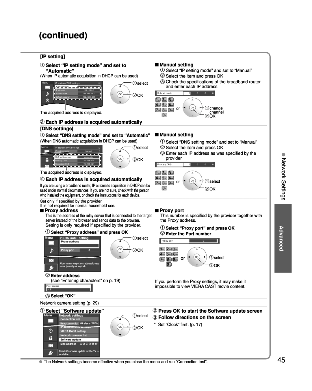 Panasonic TC-P46G25 continued, Network Settings, Advanced, Select “IP setting mode” and set to, Manual setting 