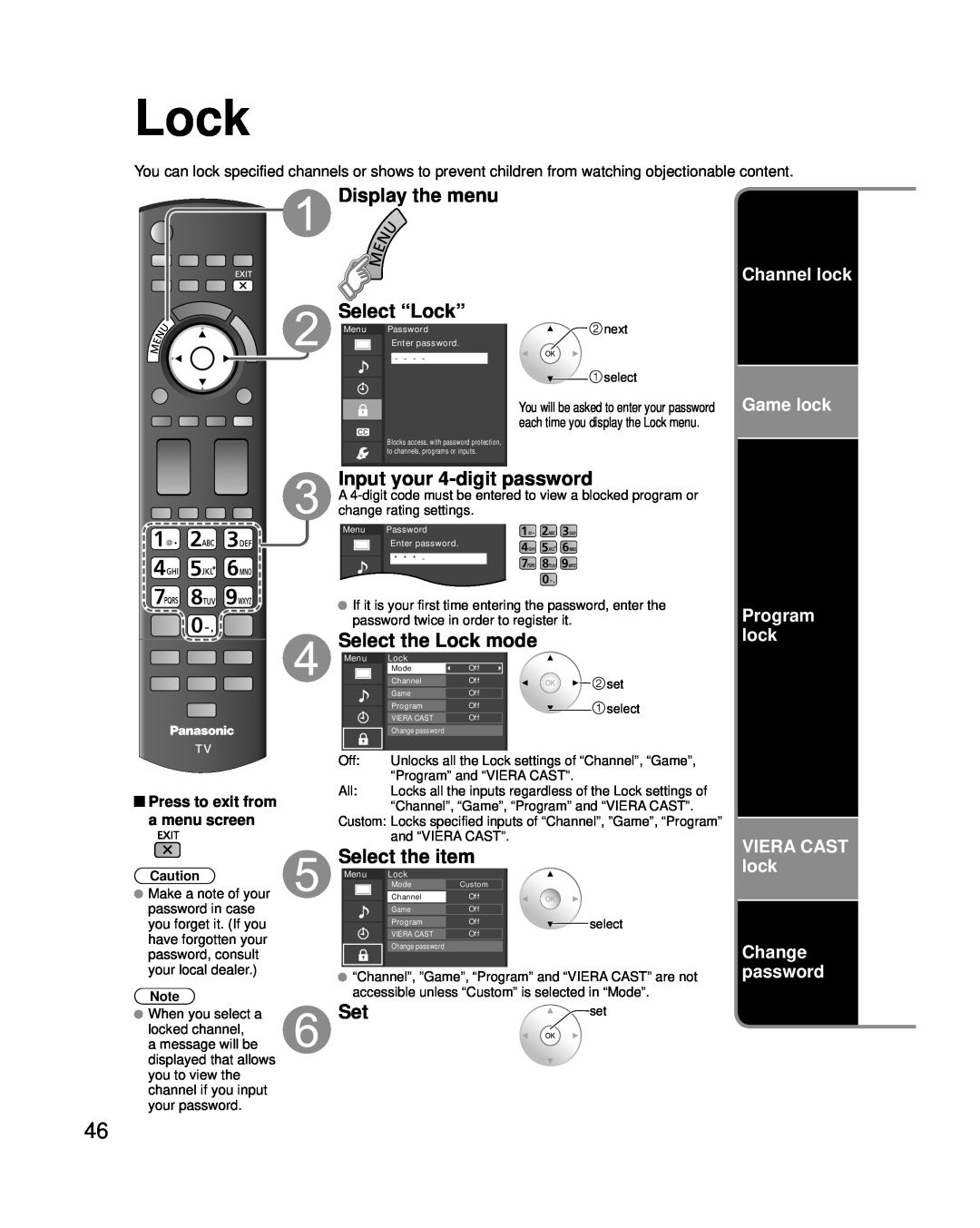 Panasonic TC-P50G25 Lock, Channel lock Game lock, Program lock VIERA CAST lock Change password, “Program” and “VIERA CAST” 