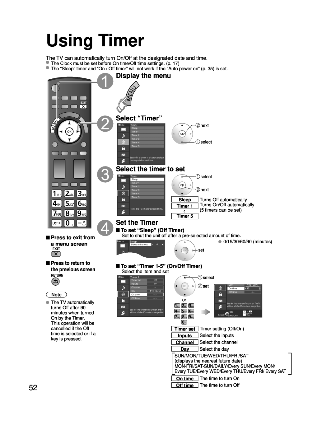 Panasonic TC-P42G25 Using Timer, The TV can automatically turn On/Off at the designated date and time, timers can be set 