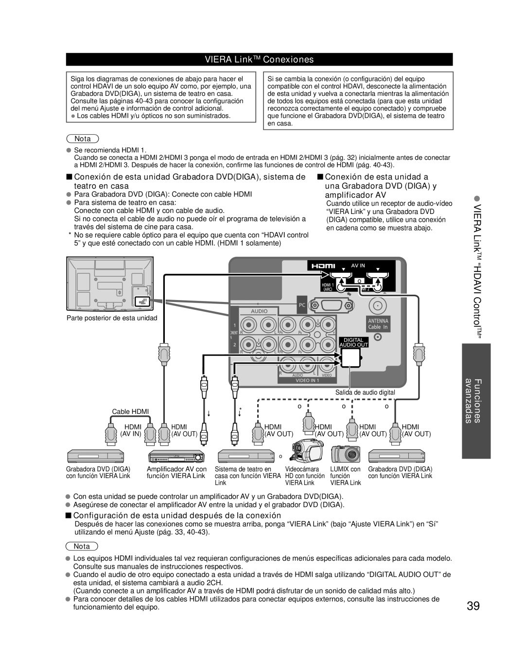 Panasonic TC-P42GT25, TQB2AA0594, TC-P50GT25 quick start Viera LinkTM Hdavi ControlTM, Viera LinkTM Conexiones 