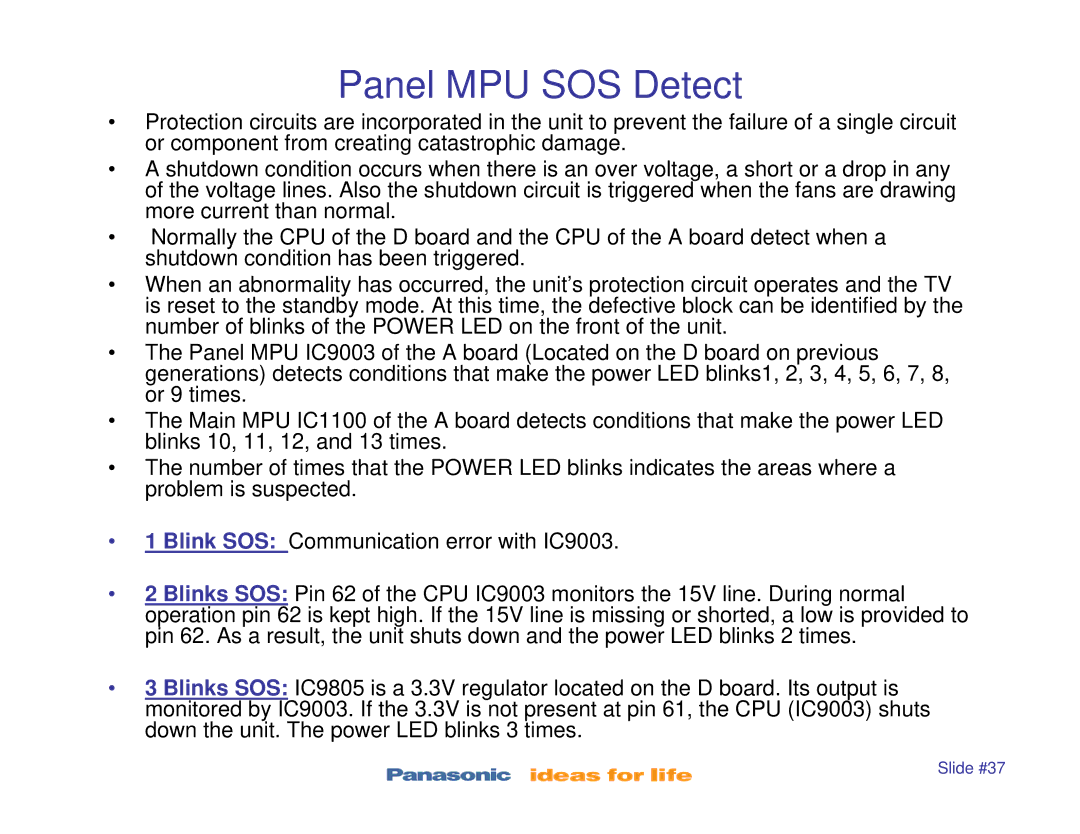 Panasonic TC-P46S1, TC-P42S1, TC-P50S1, TC-P42X1, TC-P50X1 manual Panel MPU SOS Detect 