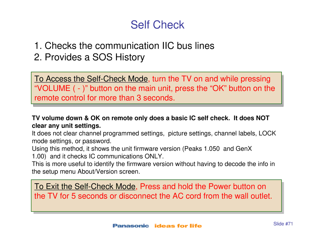 Panasonic TC-P50S1, TC-P42S1, TC-P46S1, TC-P42X1, TC-P50X1 manual Self Check, Remote control for more than 3 seconds 