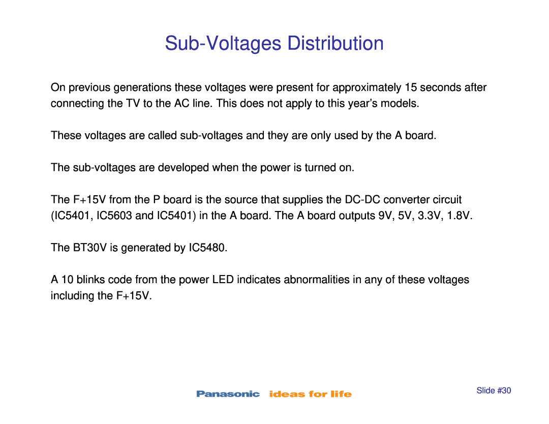 Panasonic TC-P42S1, TC-P50S1, TC-P46S1, TC-P42X1, TC-P50X1 manual Sub-Voltages Distribution 
