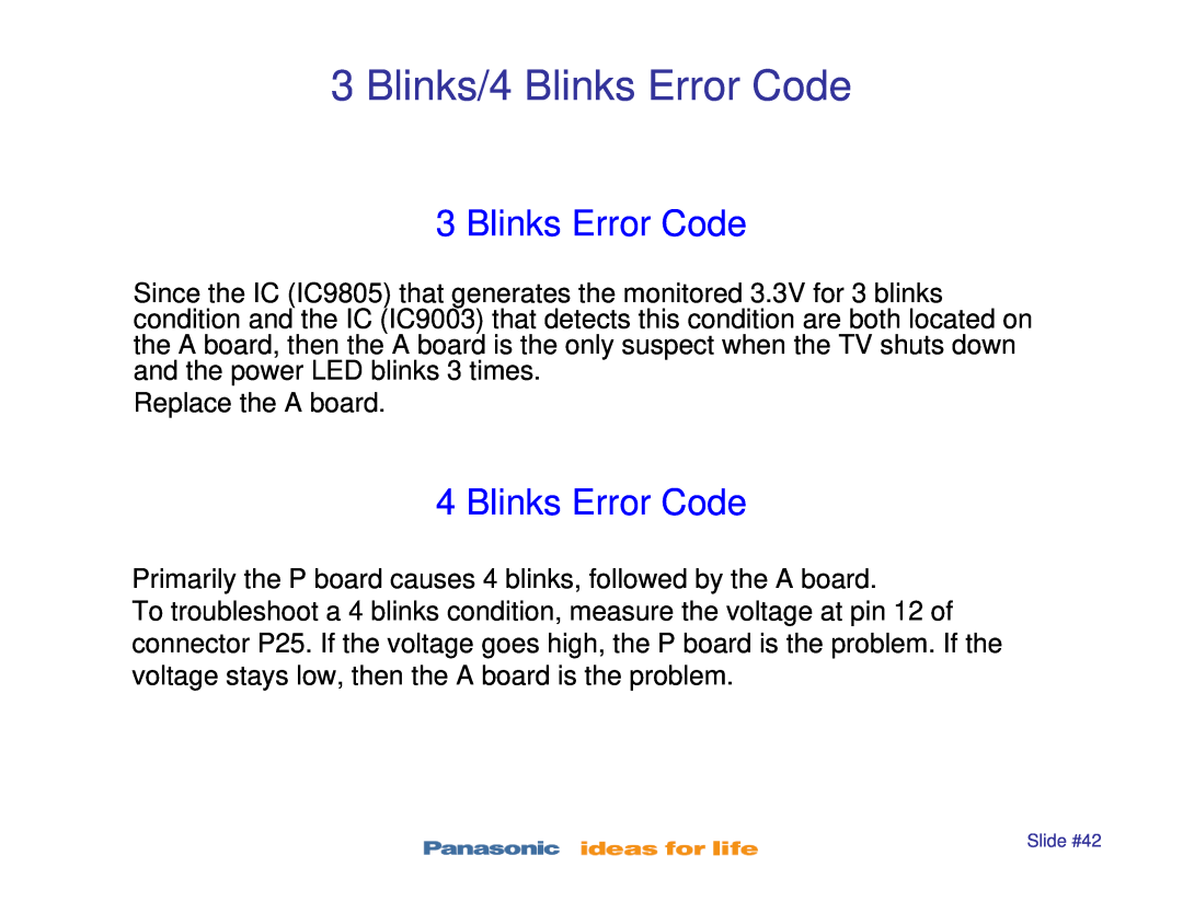 Panasonic TC-P46S1, TC-P42S1, TC-P50S1, TC-P42X1, TC-P50X1 manual Blinks/4 Blinks Error Code 