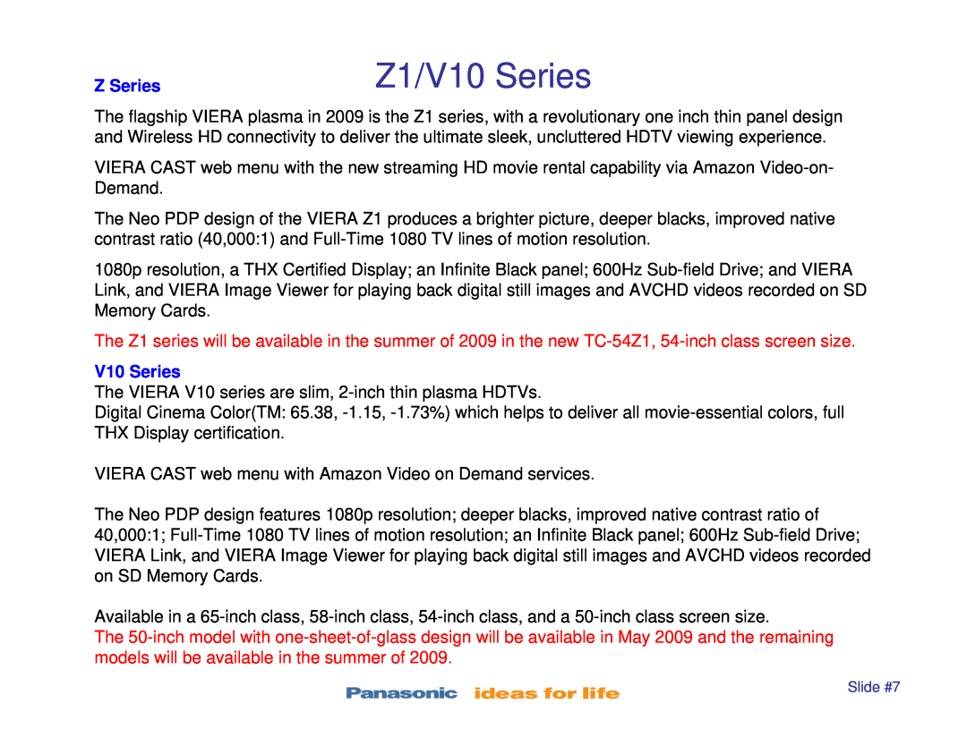 Panasonic TC-P46S1, TC-P42S1, TC-P50S1, TC-P42X1, TC-P50X1 manual Z1/V10 Series, Z Series 