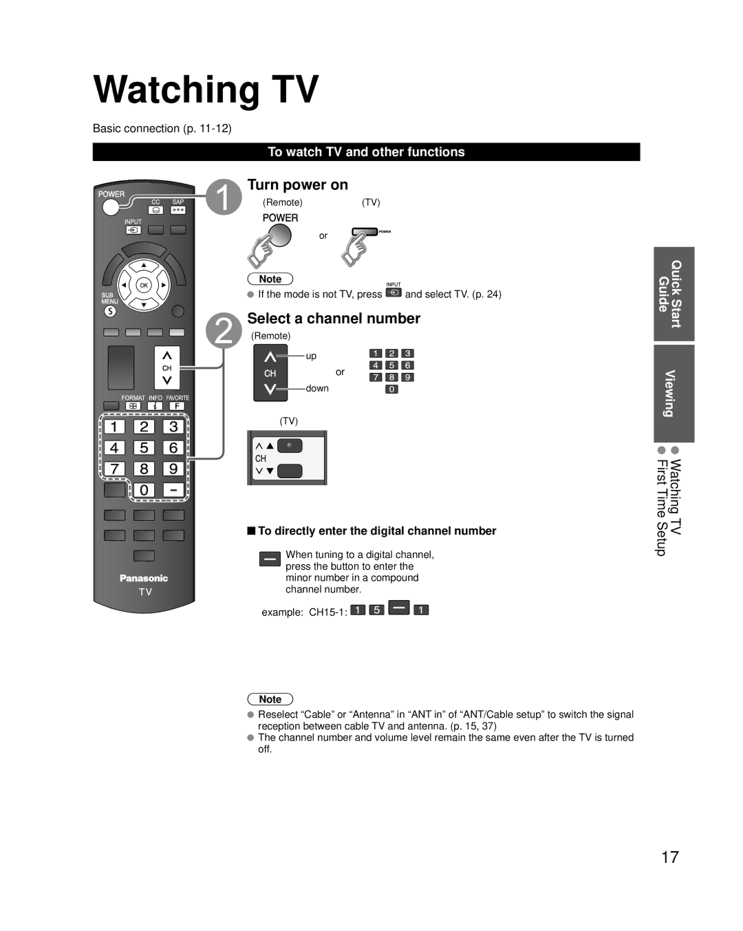 Panasonic TC-P50U2, TC-P42U2 Watching TV, Turn power on, Select a channel number, To watch TV and other functions 