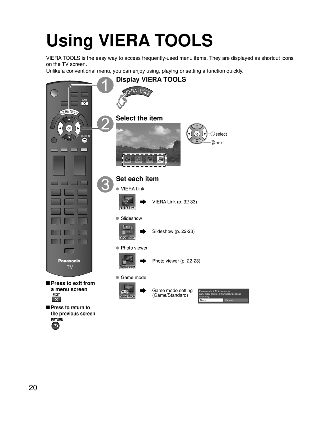 Panasonic TC-P42U2 Using Viera Tools, Display Viera Tools Select the item, Set each item, Press to exit from a menu screen 