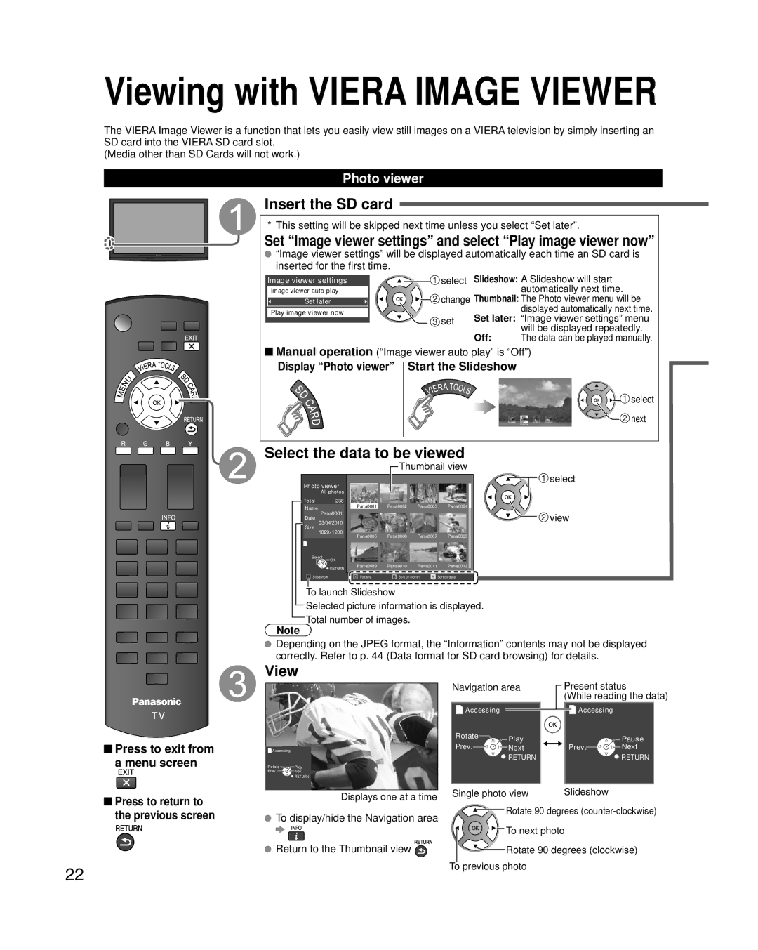 Panasonic TC-P42U2, TC-P50U2 quick start Insert the SD card, Select the data to be viewed, View, Photo viewer 