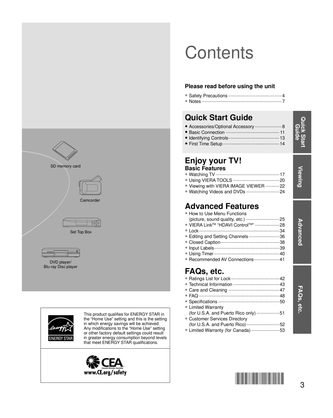 Panasonic TC-P50U2, TC-P42U2 quick start Contents 