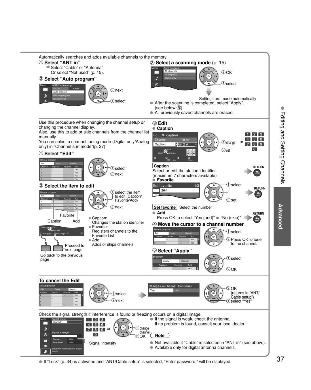 Panasonic TC-P50U2 Select ANT, Select Auto program, Select a scanning mode p, Select Edit, Select the item to edit 