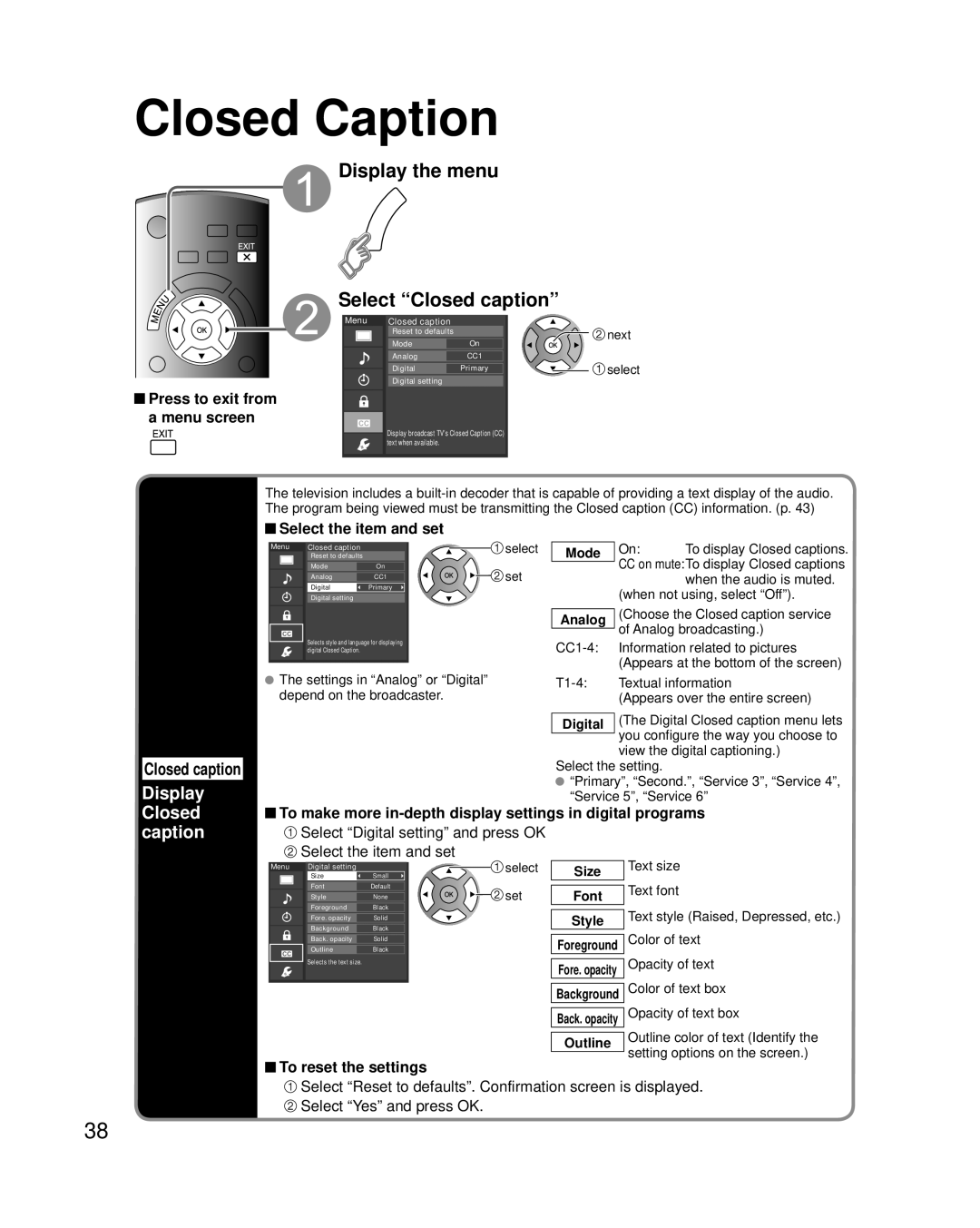 Panasonic TC-P42U2, TC-P50U2 quick start Closed Caption, Display the menu Select Closed caption 