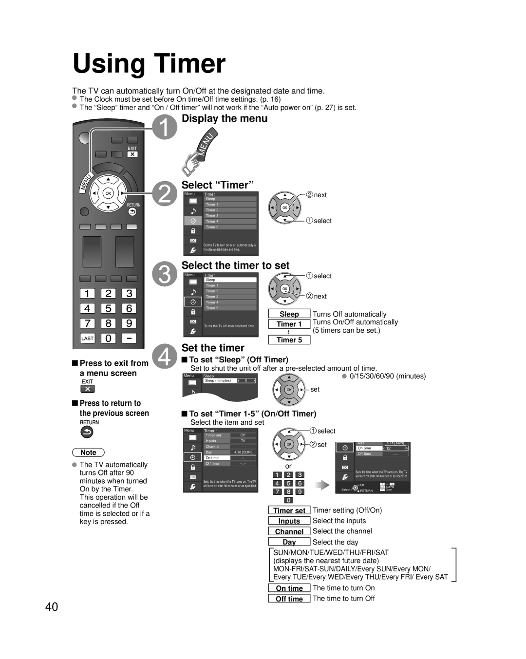 Panasonic TC-P42U2, TC-P50U2 quick start Using Timer, Display the menu Select Timer, Select the timer to set, Set the timer 