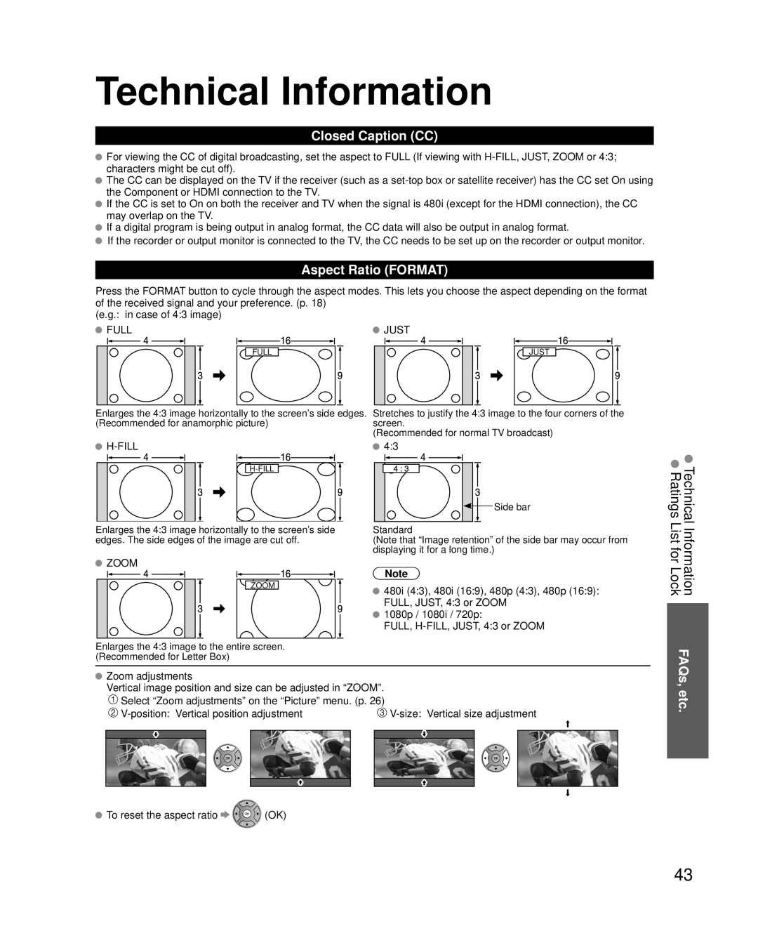 Panasonic TC-P50U2, TC-P42U2 quick start Technical Information, Closed Caption CC, Aspect Ratio Format, FAQs, etc 