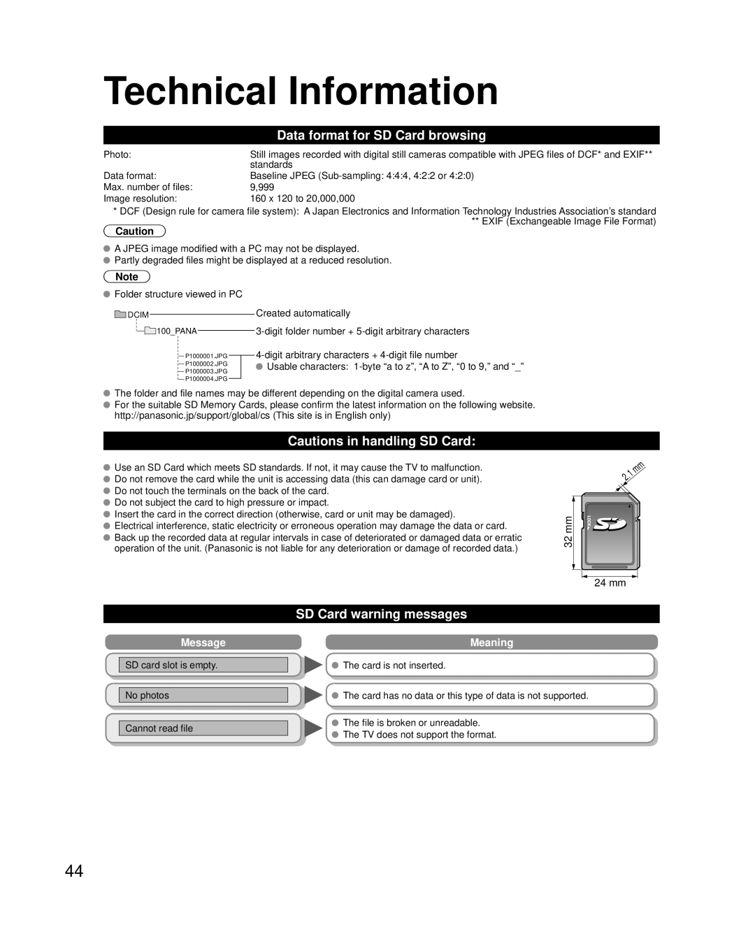 Panasonic TC-P42U2, TC-P50U2 quick start Data format for SD Card browsing, SD Card warning messages, Mm32 24 mm 