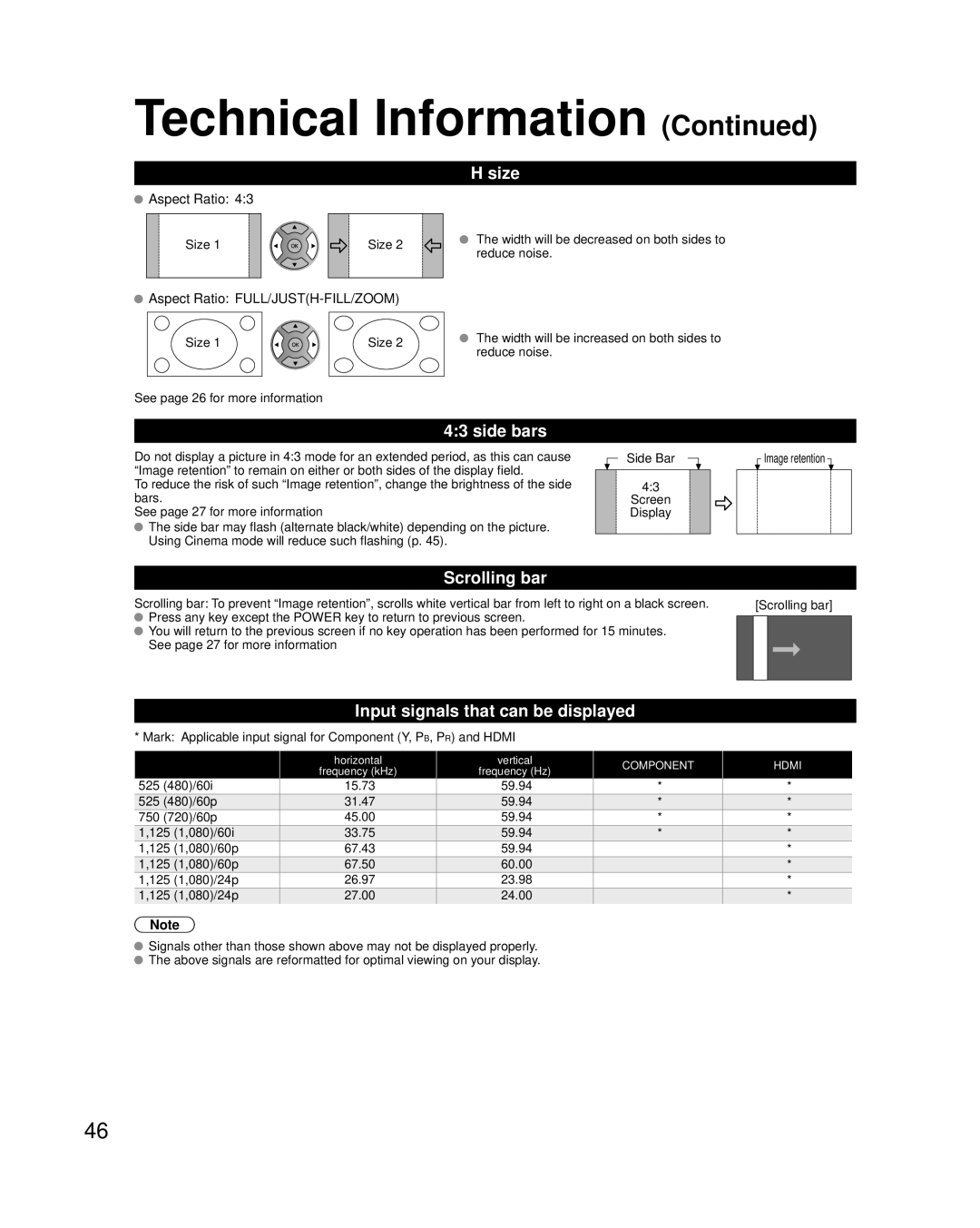 Panasonic TC-P42U2, TC-P50U2 quick start Size, Side bars, Scrolling bar, Input signals that can be displayed 