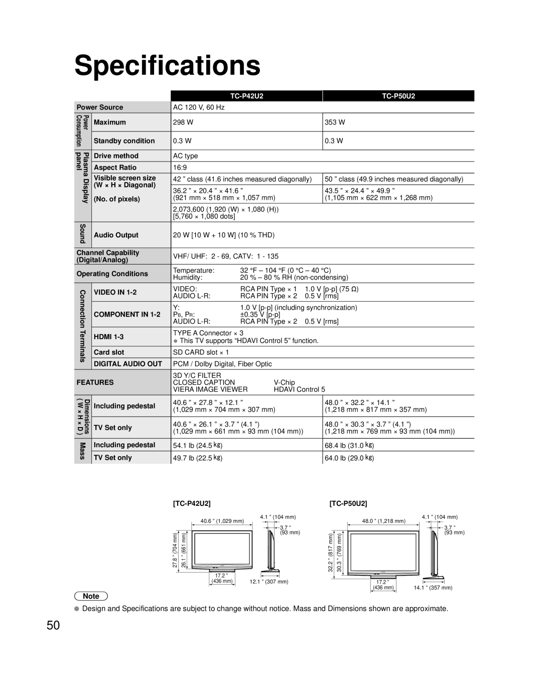 Panasonic TC-P42U2, TC-P50U2 quick start Specifications 