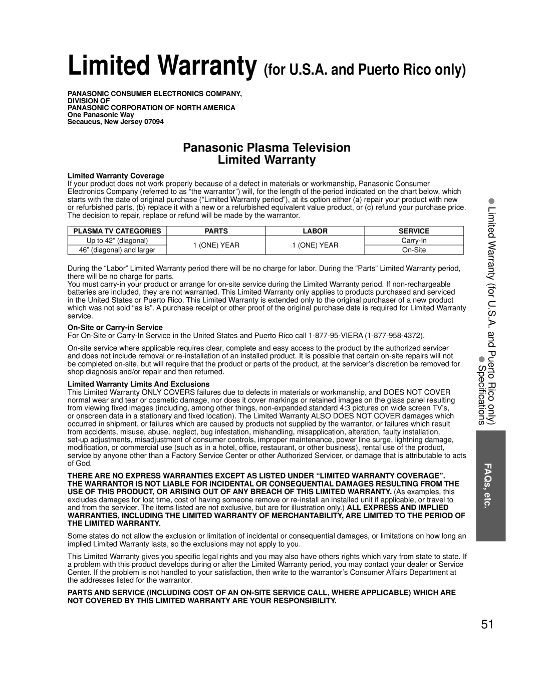 Panasonic TC-P50U2 Limited Warranty Coverage, On-Site or Carry-in Service, Limited Warranty Limits And Exclusions 