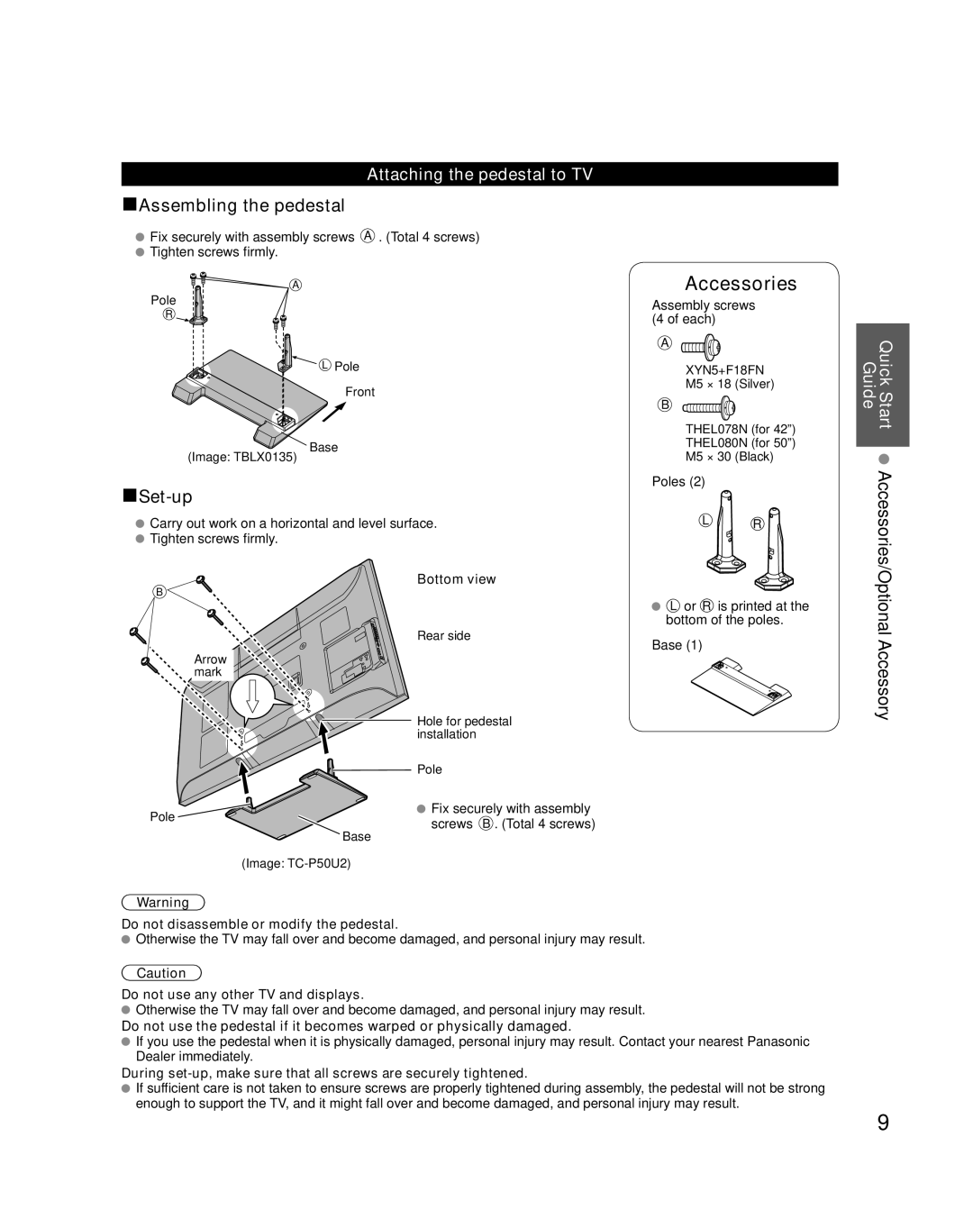 Panasonic TC-P50U2 Attaching the pedestal to TV, Quick Start Guide, Bottom view, Do not disassemble or modify the pedestal 