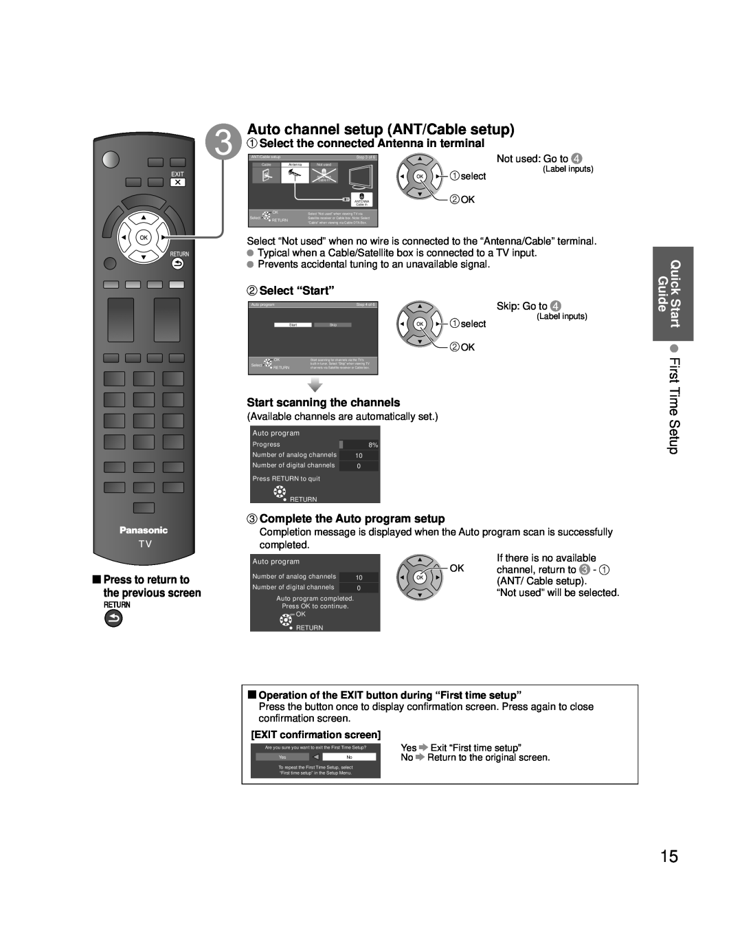 Panasonic TC-P50U2 Auto channel setup ANT/Cable setup, Time Setup, Start First, Select the connected Antenna in terminal 