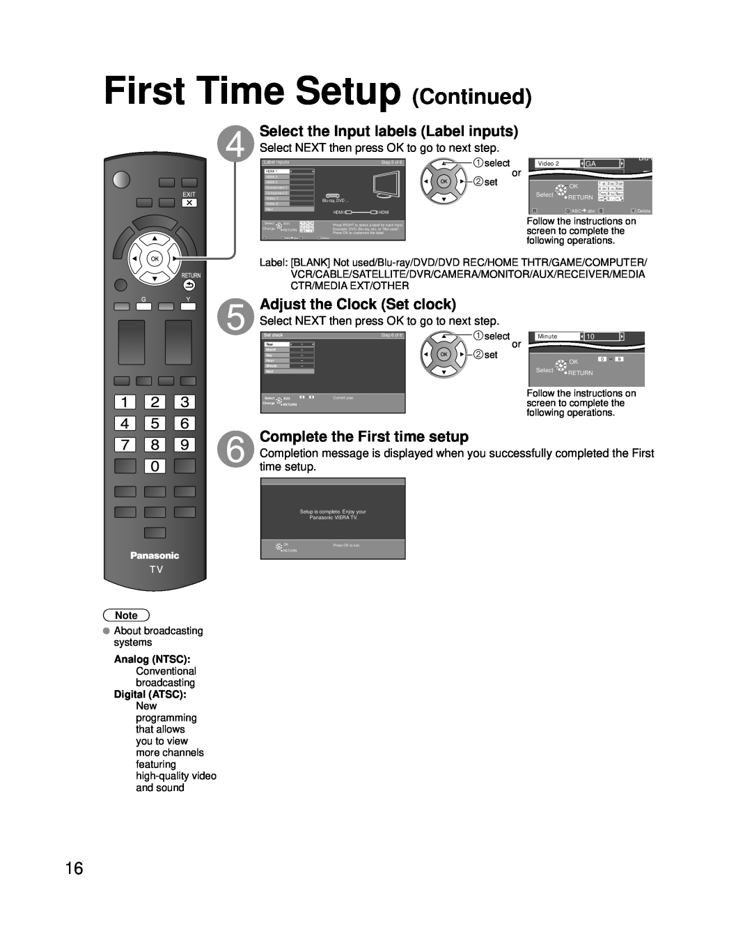 Panasonic TC-P42U2 First Time Setup Continued, Select the Input labels Label inputs, Adjust the Clock Set clock, select 