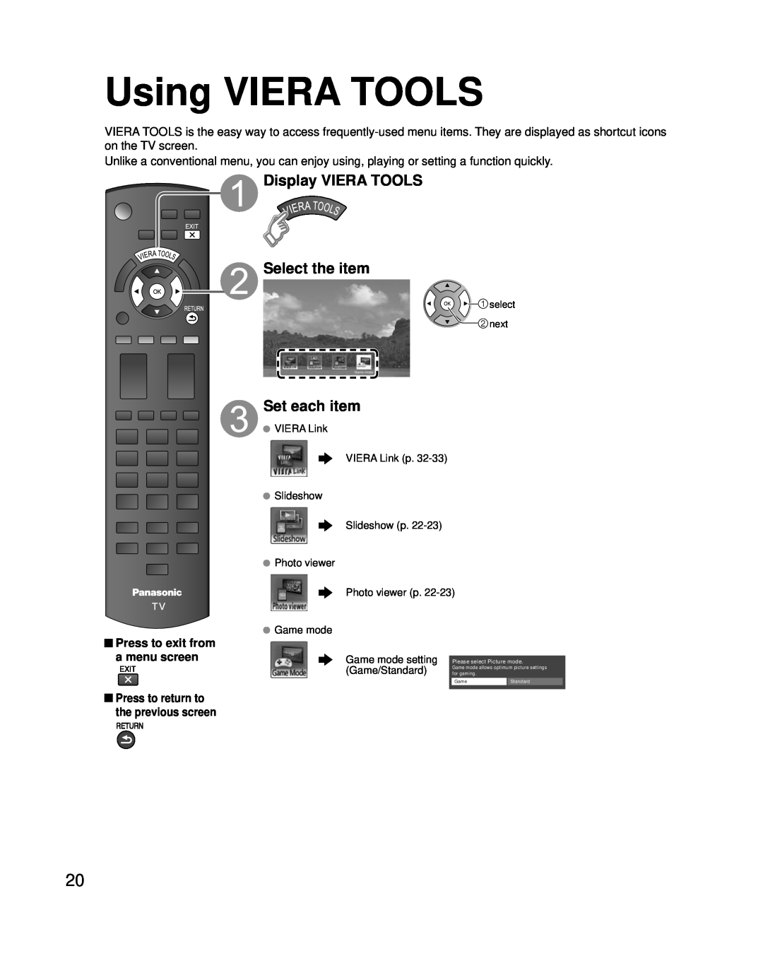 Panasonic TC-P42U2, TC-P50U2 quick start Using VIERA TOOLS, Display VIERA TOOLS Select the item, Set each item 