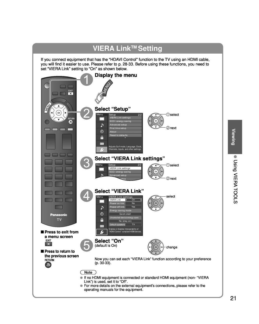 Panasonic TC-P50U2 Display the menu Select “Setup”, Select “VIERA Link settings”, Select “VIERA Link”, Select “On”, Tools 