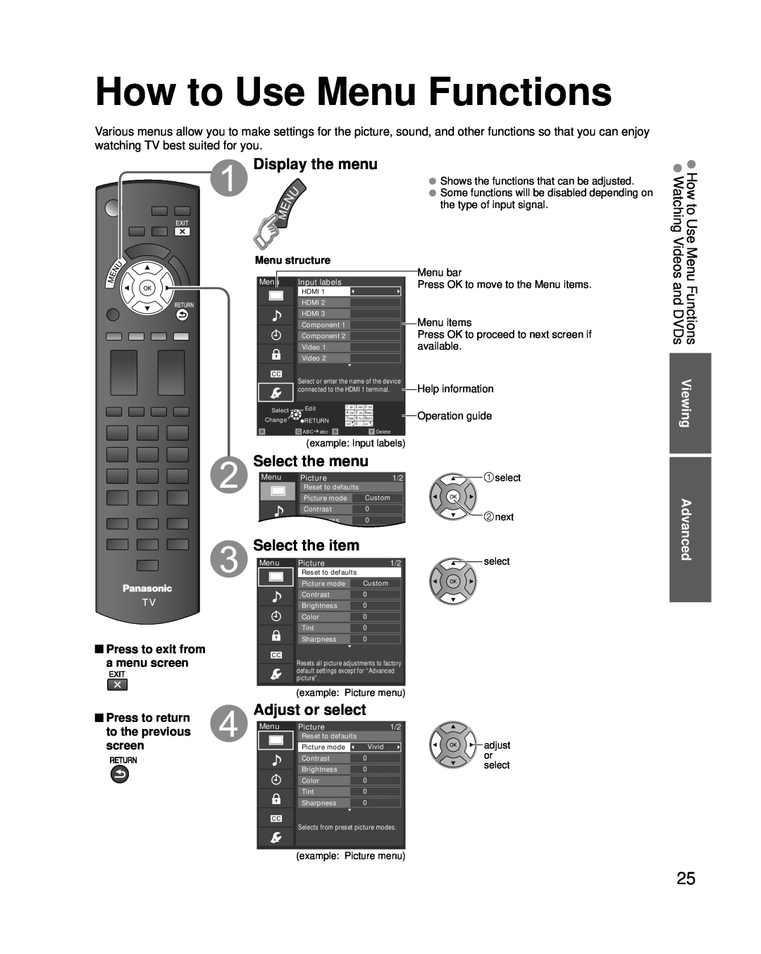 Panasonic TC-P50U2 How to Use Menu Functions, Display the menu, Select the menu, Select the item, Adjust or select, screen 