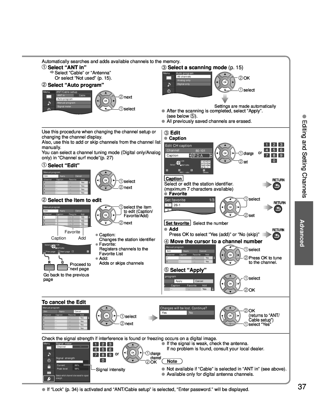 Panasonic TC-P50U2 Select “ANT in”, Select “Auto program”, Select a scanning mode p, Select “Edit”, Select “Apply” 