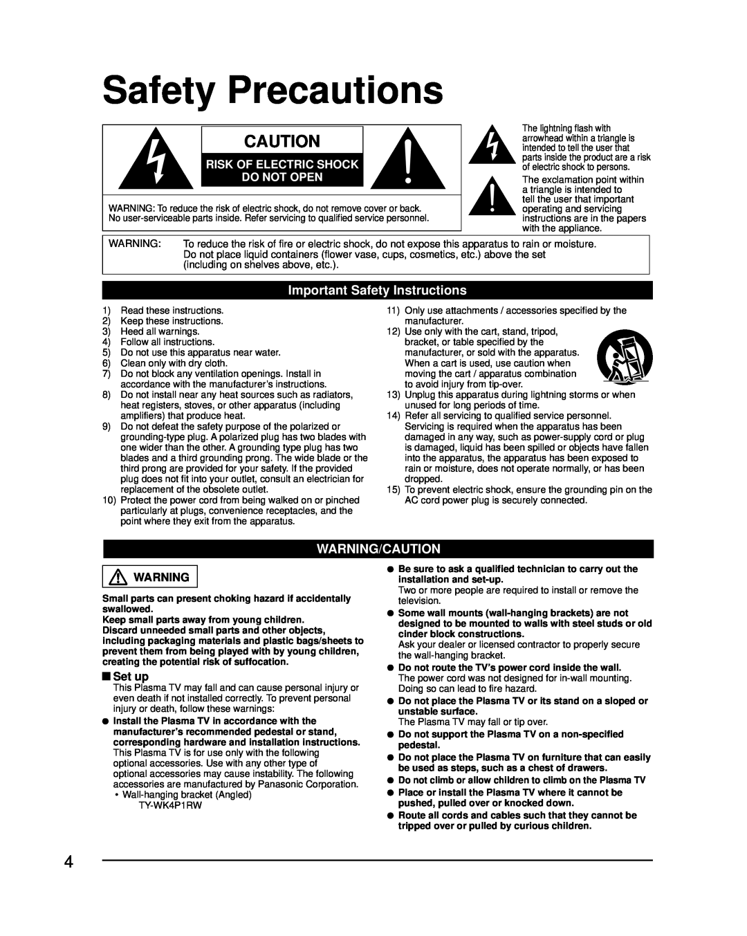 Panasonic TC-P42U2 Safety Precautions, Important Safety Instructions, Warning/Caution, Risk Of Electric Shock Do Not Open 