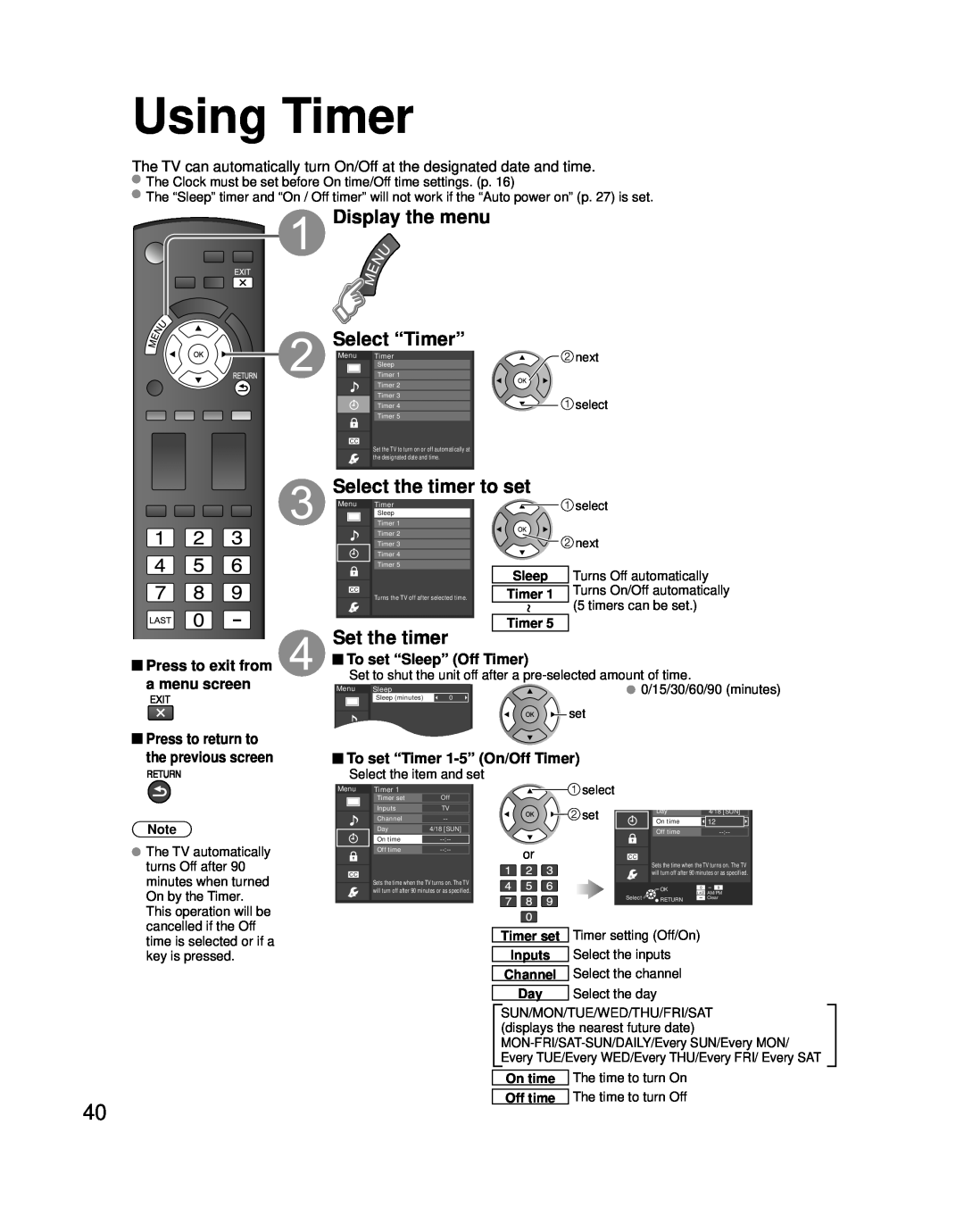 Panasonic TC-P42U2 Using Timer, Display the menu Select “Timer”, Select the timer to set, Set the timer, timers can be set 