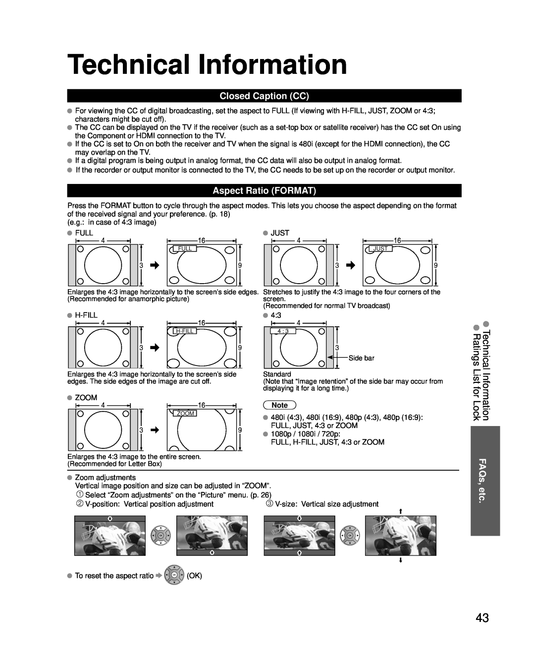 Panasonic TC-P50U2 Technical Information, Closed Caption CC, Aspect Ratio FORMAT, FAQs, etc, Technical Ratings List for 