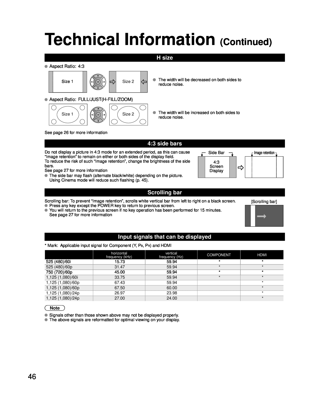 Panasonic TC-P42U2 Technical Information Continued, H size, side bars, Scrolling bar, Input signals that can be displayed 