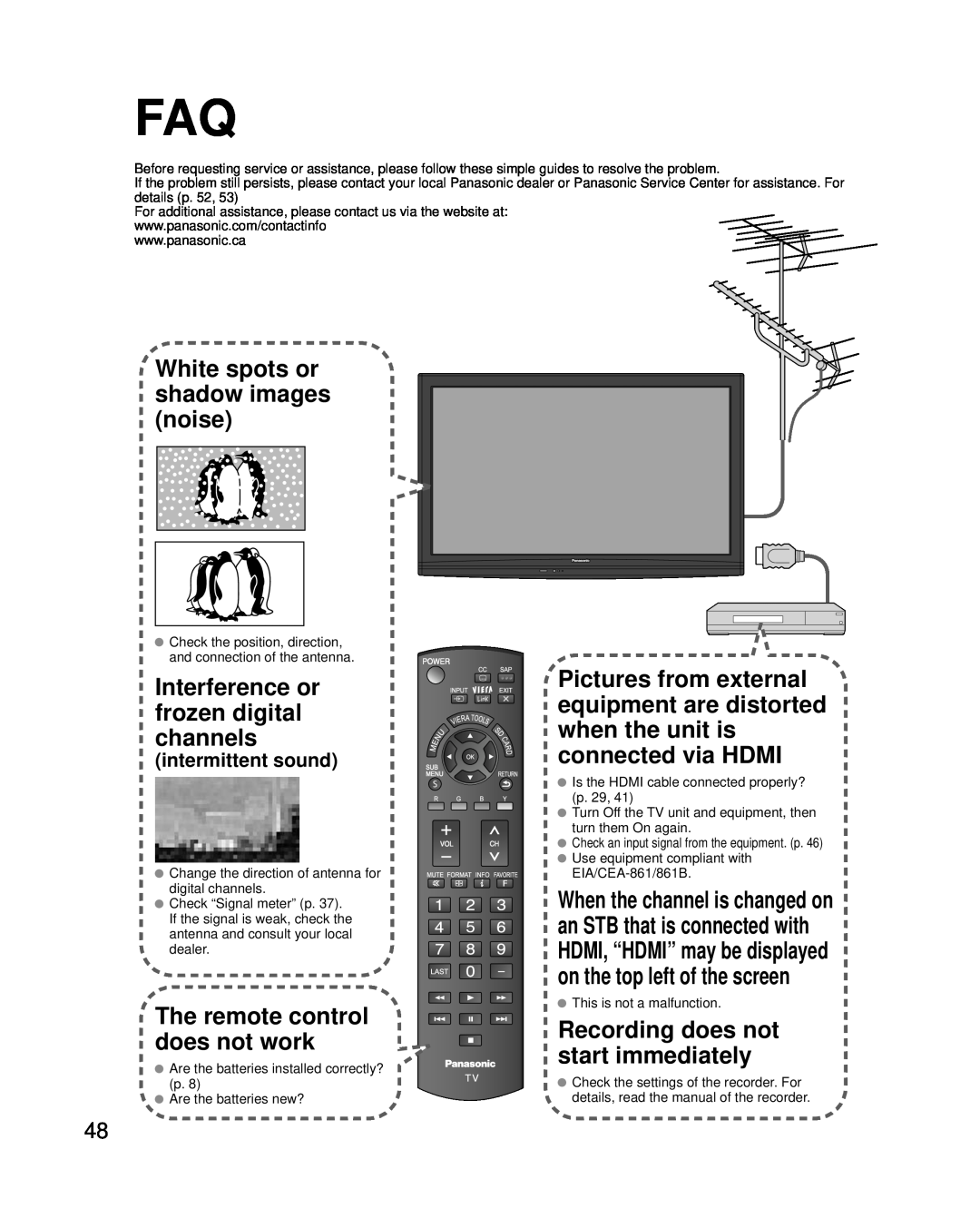 Panasonic TC-P42U2 White spots or shadow images noise, Interference or frozen digital channels, intermittent sound 
