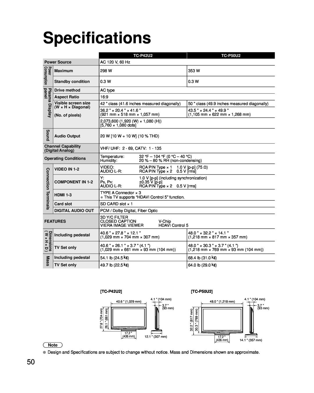 Panasonic TC-P42U2 quick start Specifications, TC-P50U2 
