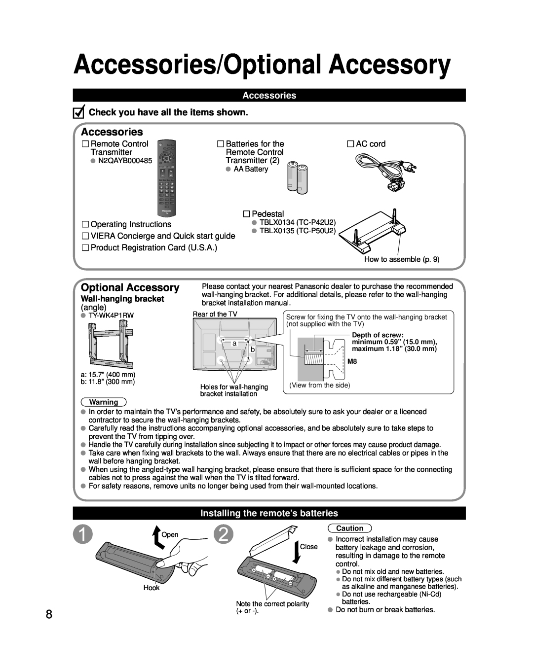 Panasonic TC-P42U2 Accessories/Optional Accessory, Check you have all the items shown, Installing the remote’s batteries 