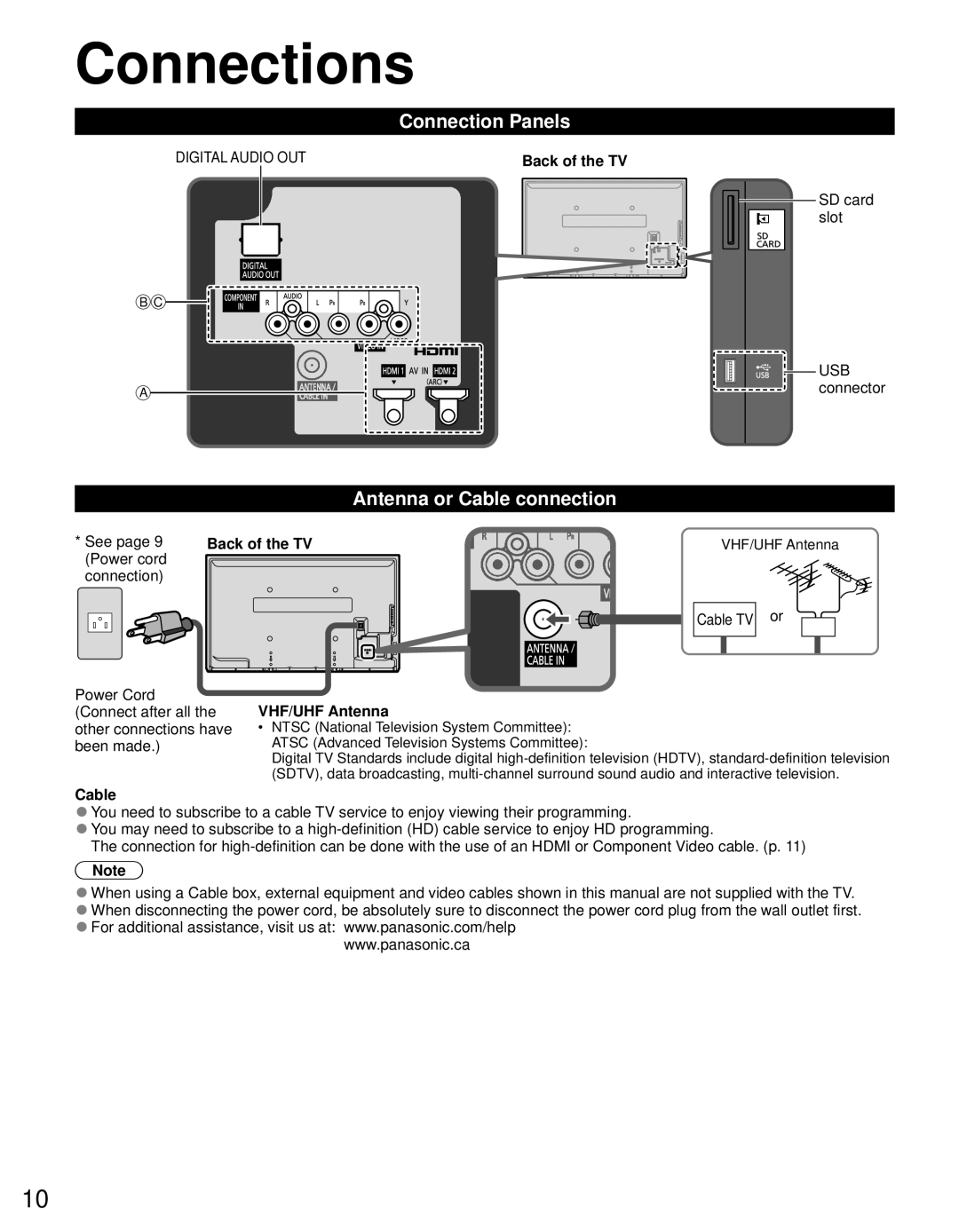 Panasonic TC-P42X5, TC-P50X5 owner manual Connections, Connection Panels, Antenna or Cable connection 