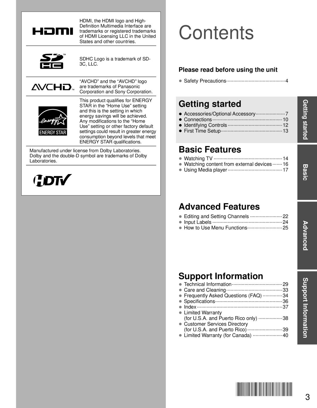 Panasonic TC-P50X5, TC-P42X5 owner manual Contents 