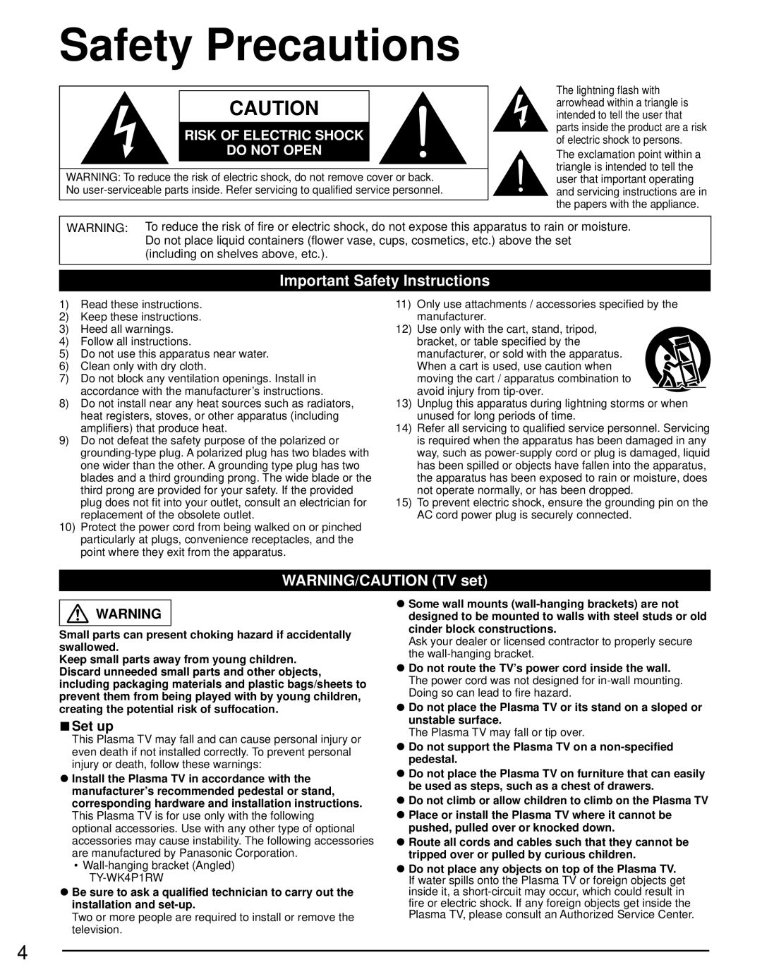 Panasonic TC-P42X5, TC-P50X5 owner manual Safety Precautions, Important Safety Instructions 