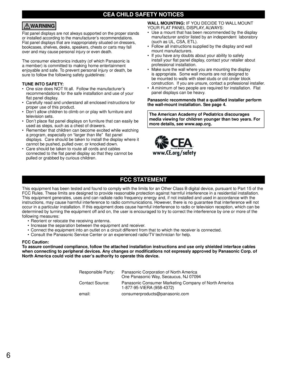 Panasonic TC-P42X5, TC-P50X5 owner manual CEA Child Safety Notices 