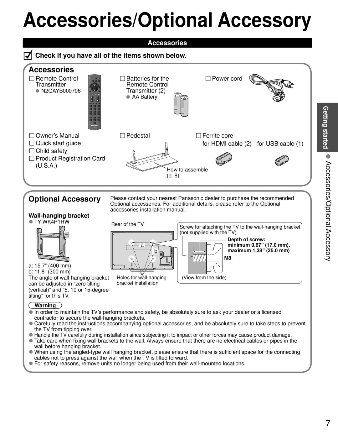 Panasonic TC-P50X5, TC-P42X5 owner manual Accessories/Optional Accessory, Getting started Accessories/Optional 