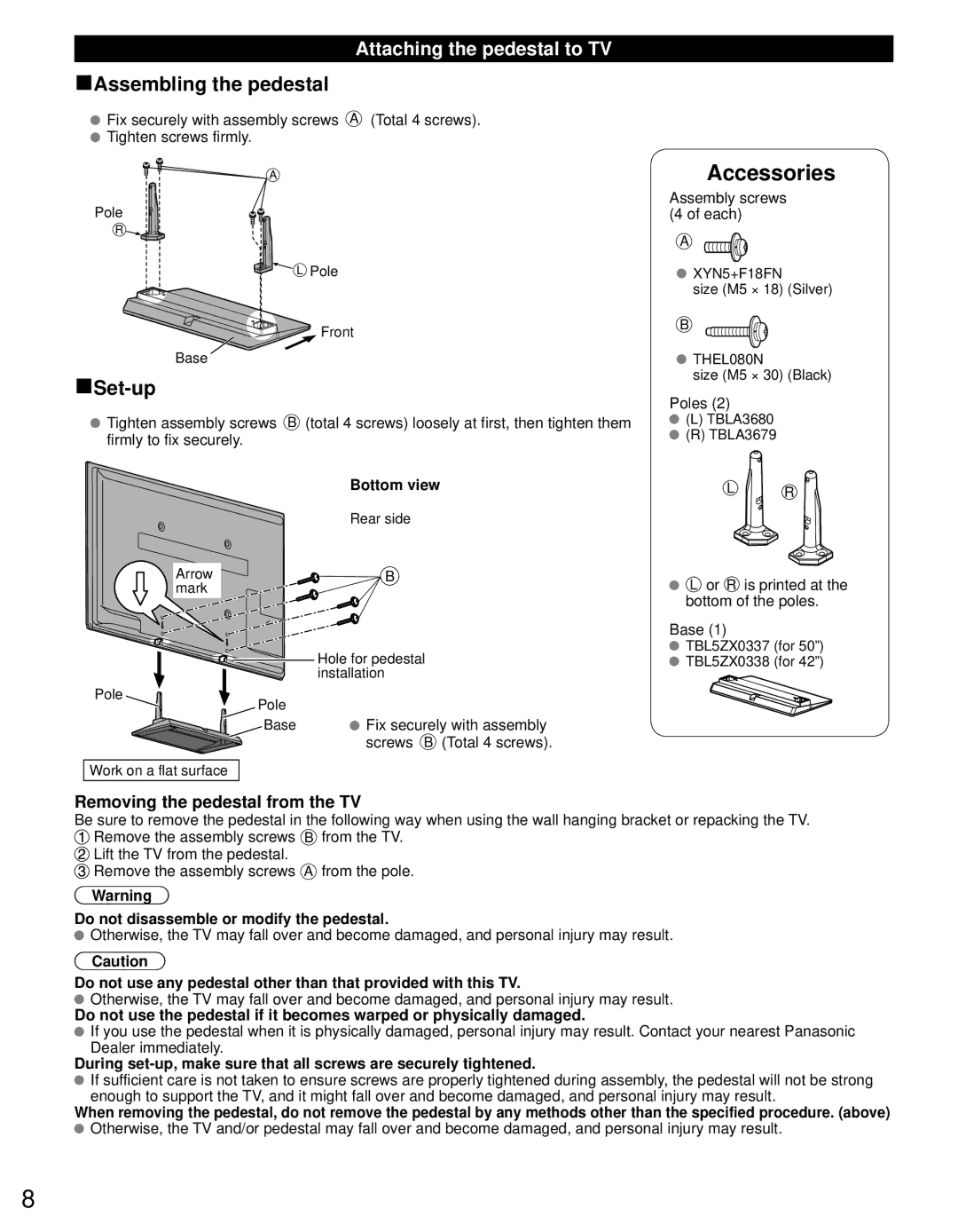 Panasonic TC-P42X5, TC-P50X5 owner manual Attaching the pedestal to TV, Removing the pedestal from the TV 