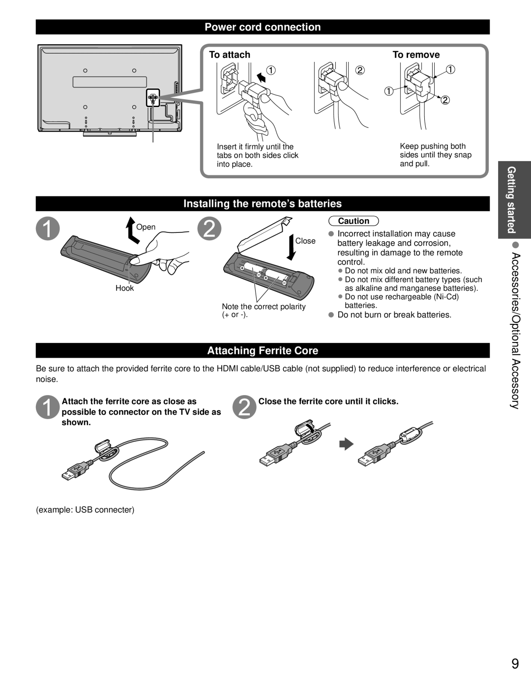 Panasonic TC-P50X5 Power cord connection, Installing the remote’s batteries, Attaching Ferrite Core, To attach To remove 