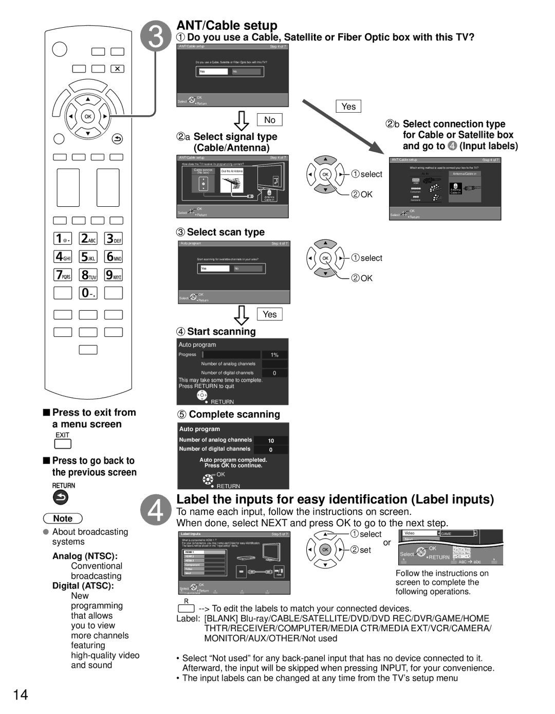 Panasonic TC-P46S30, TC-P42S30 ANT/Cable setup, Label the inputs for easy identification Label inputs, Select scan type 